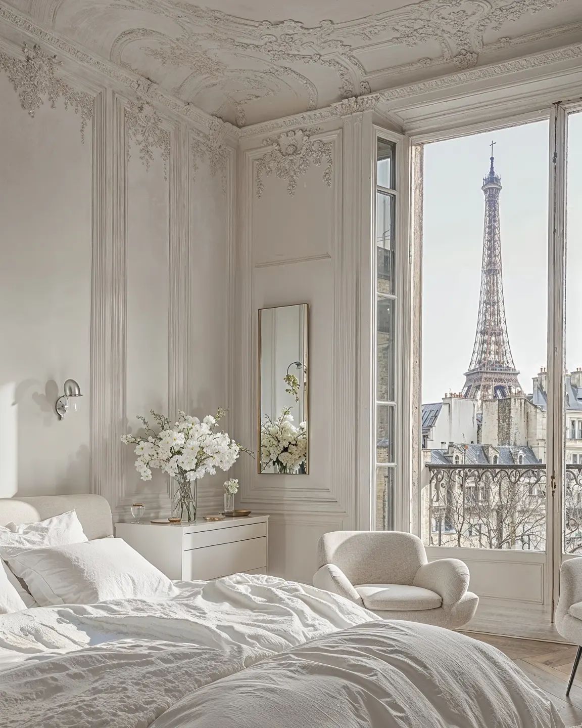 Totally white bedroom with a window view to the Eiffel Tower