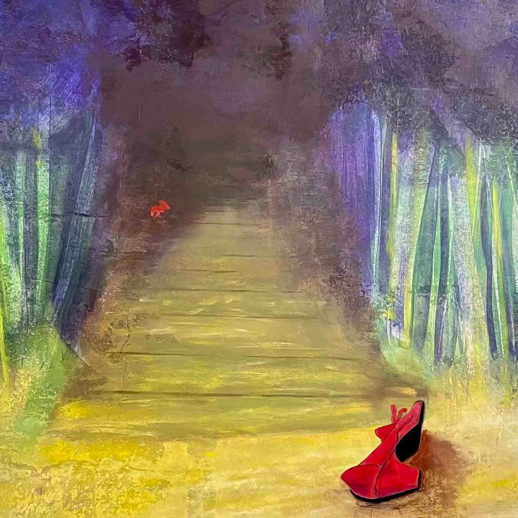 A dark painting of a path leading into a night time wood. A pair of women's shoes lies abandonned.